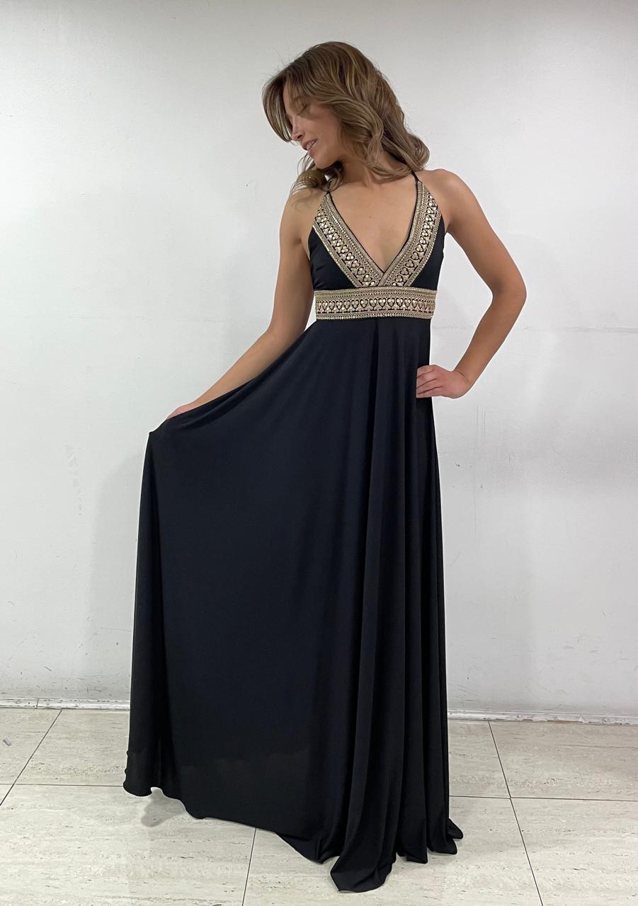 MAXI VESTIDO MARI NEGRO CON HUINCHA DORADA