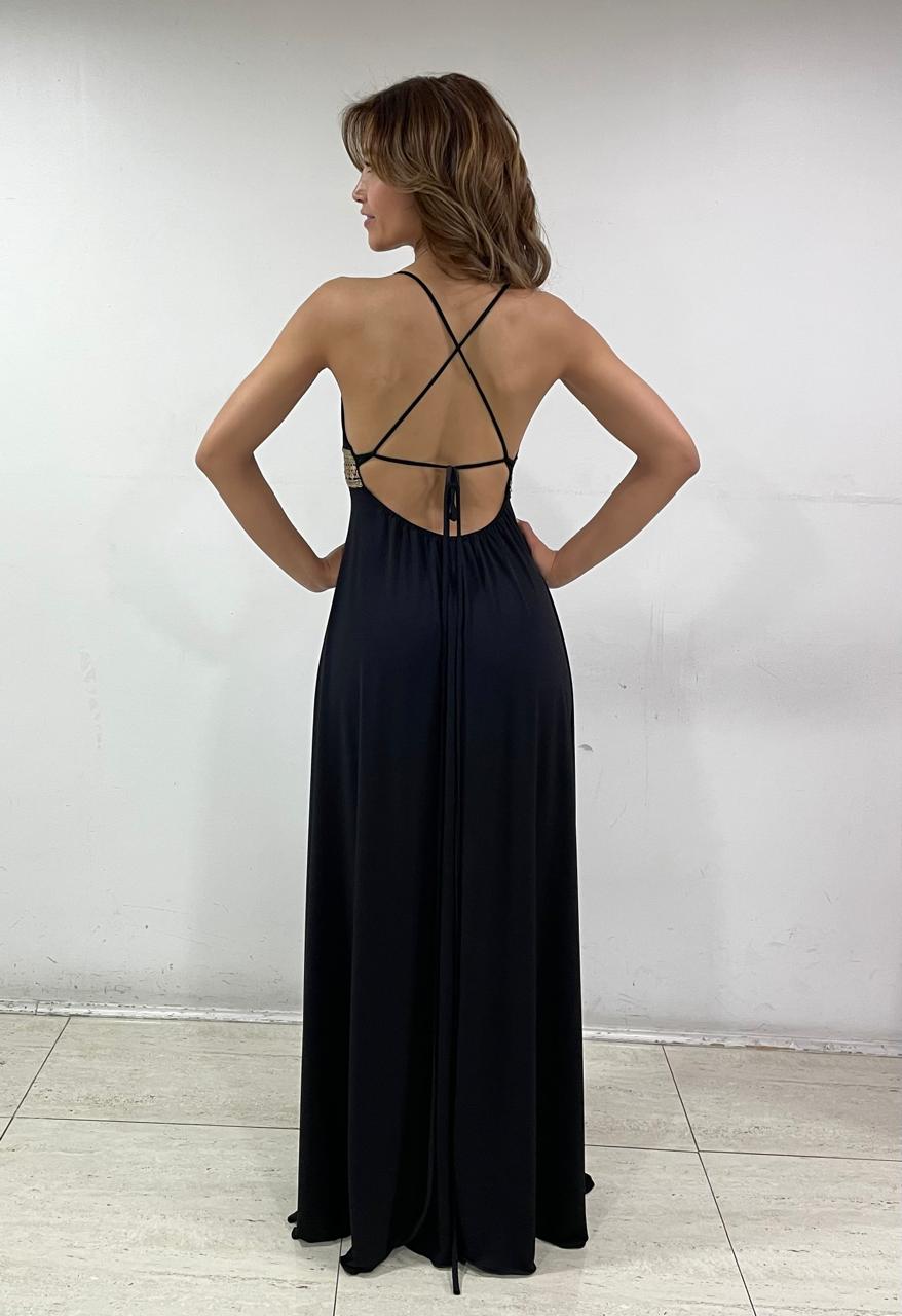 MAXI VESTIDO MARI NEGRO CON HUINCHA DORADA
